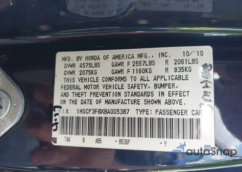 2011 Honda Accord 3.5 Ex-L from USA, damaged, VIN 1HGCP3F8XBA005387